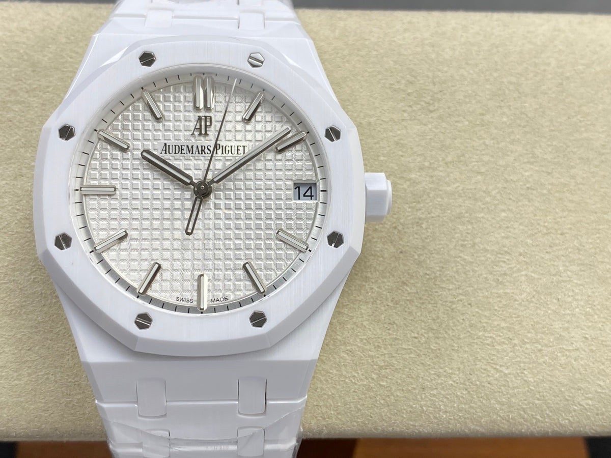 Royal Oak 41mm 15500 White Ceramic ZF White Dial on White Ceramic Bracelet SA4302 Super Clone (Free Sprung)