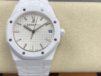 Royal Oak 41mm 15500 White Ceramic ZF White Dial on White Ceramic Bracelet SA4302 Super Clone (Free Sprung)