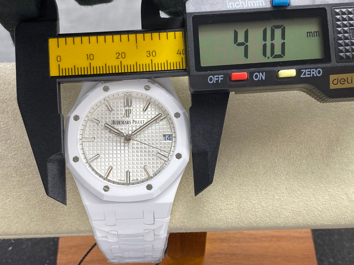 Royal Oak 41mm 15500 White Ceramic ZF White Dial on White Ceramic Bracelet SA4302 Super Clone (Free Sprung)
