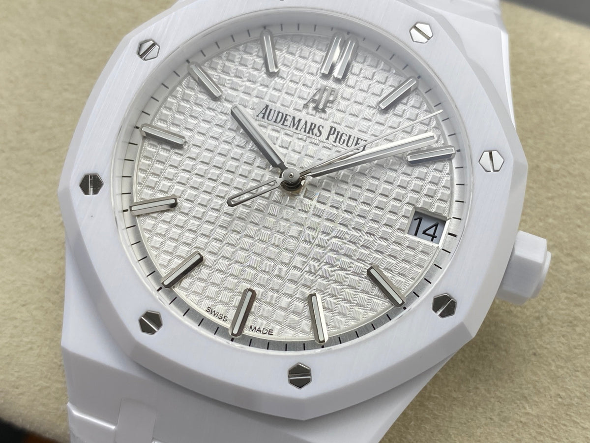 Royal Oak 41mm 15500 White Ceramic ZF White Dial on White Ceramic Bracelet SA4302 Super Clone (Free Sprung)