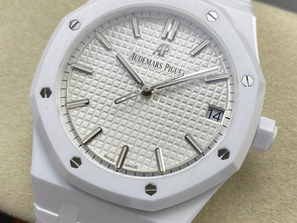 Royal Oak 41mm 15500 White Ceramic ZF White Dial on White Ceramic Bracelet SA4302 Super Clone (Free Sprung)