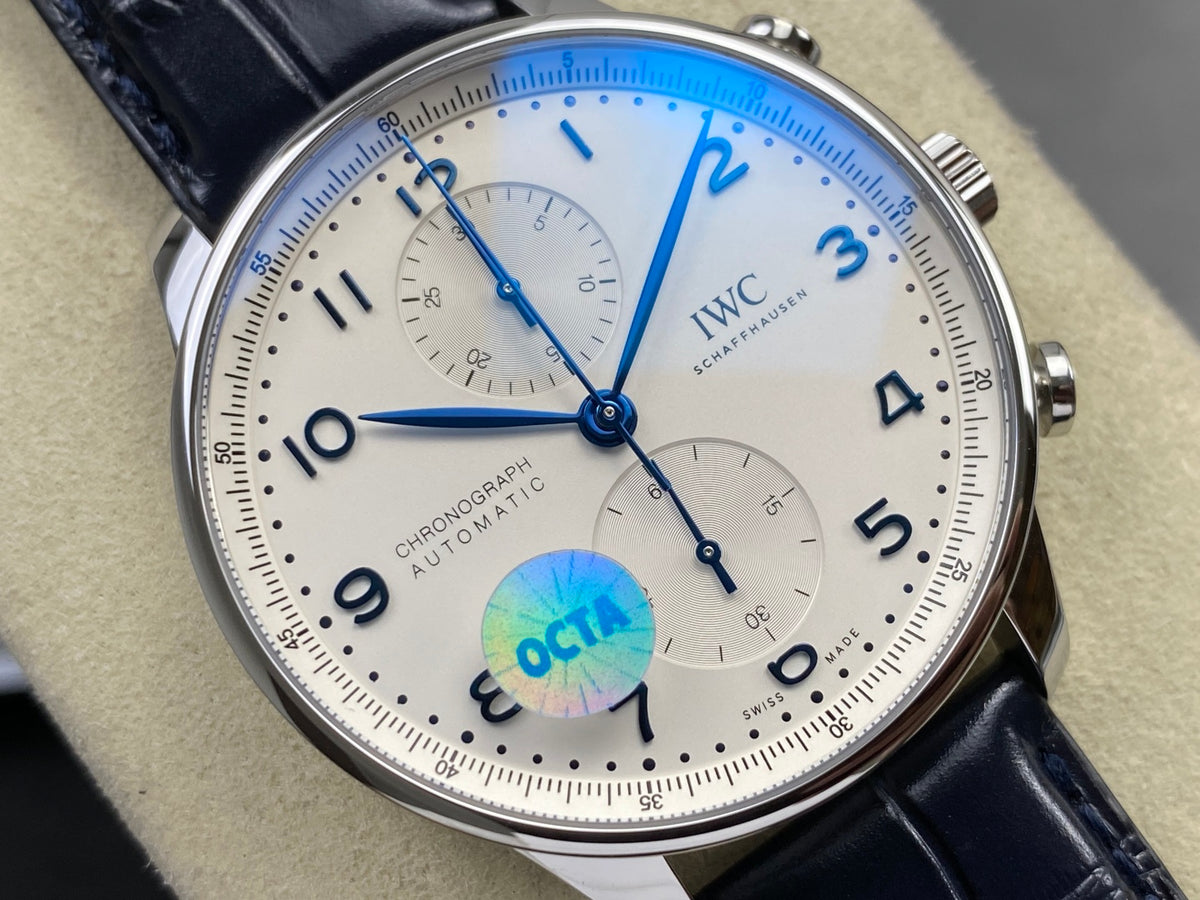Portugieser Chrono IW371605 OCTA 1:1 Best Edition White/Blue Dial on Blue Leather Strap DD69355 Super Clone