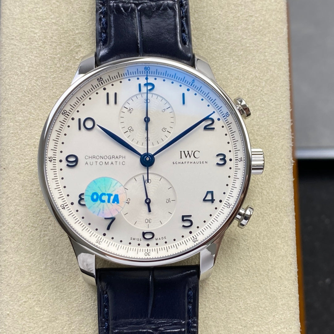 Portugieser Chrono IW371605 OCTA 1:1 Best Edition White/Blue Dial on Blue Leather Strap DD69355 Super Clone
