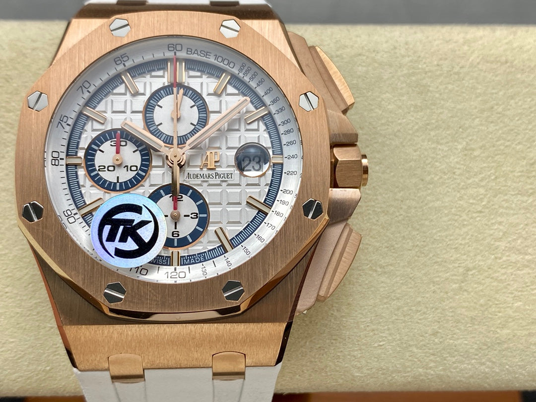 Royal Oak Offshore 44mm RG TKF 1:1 Best Edition White Dial on White Rubber Strap A3126