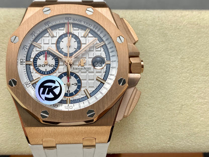 Royal Oak Offshore 44mm RG TKF 1:1 Best Edition White Dial on White Rubber Strap A3126