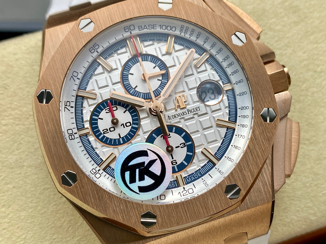 Royal Oak Offshore 44mm RG TKF 1:1 Best Edition White Dial on White Rubber Strap A3126
