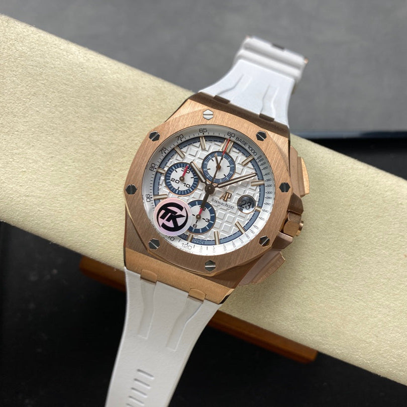 Royal Oak Offshore 44mm RG TKF 1:1 Best Edition White Dial on White Rubber Strap A3126