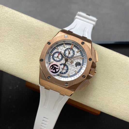 Royal Oak Offshore 44mm RG TKF 1:1 Best Edition White Dial on White Rubber Strap A3126