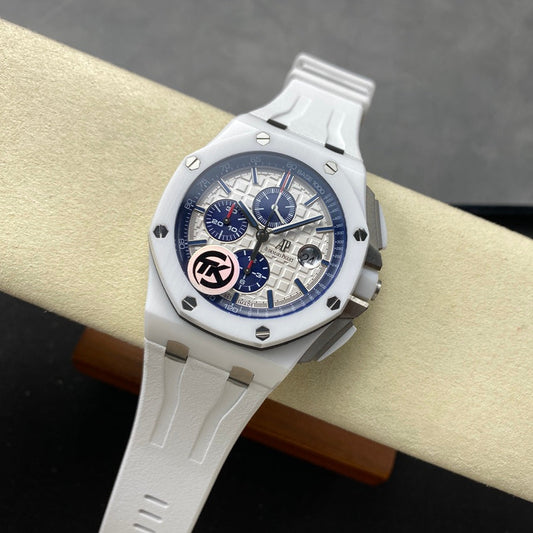 Royal Oak Offshore 44mm White Ceramic TKF 1:1 Best Edition White Dial on White Rubber Strap A3126