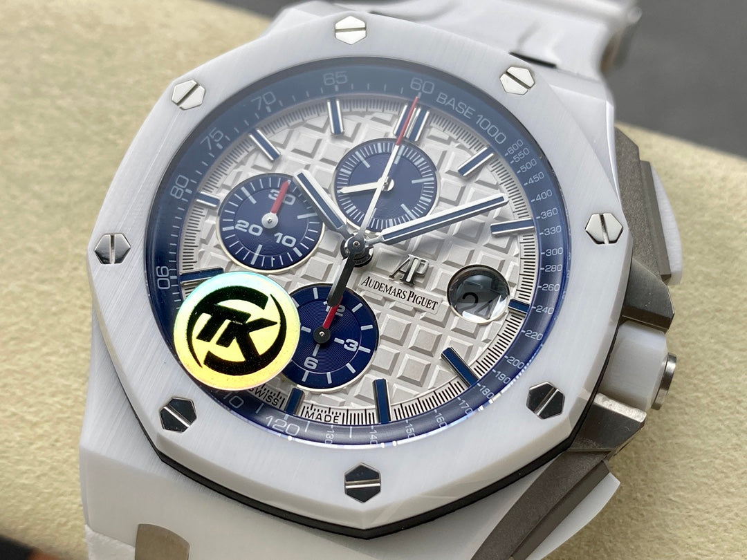 Royal Oak Offshore 44mm White Ceramic TKF 1:1 Best Edition White Dial on White Rubber Strap A3126
