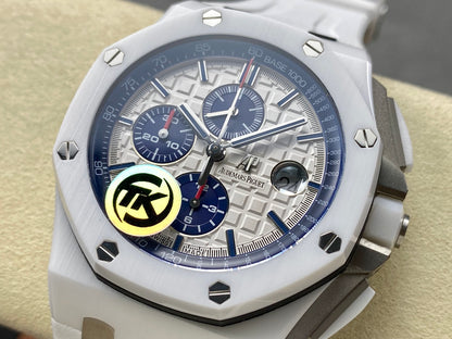 Royal Oak Offshore 44mm White Ceramic TKF 1:1 Best Edition White Dial on White Rubber Strap A3126