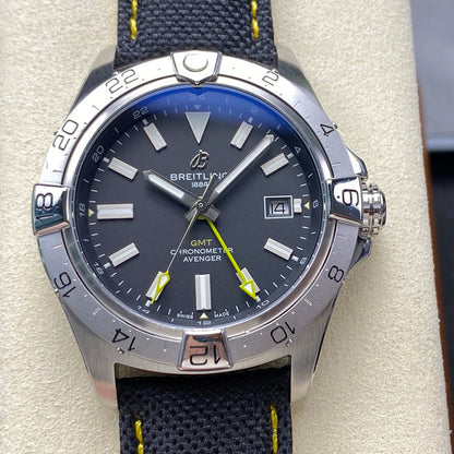 Avenger Chronometer 42mm GMT Yellow Second Hand SS BLSF 1:1 Best Version Black Dial On Black Nylon Strap A2836