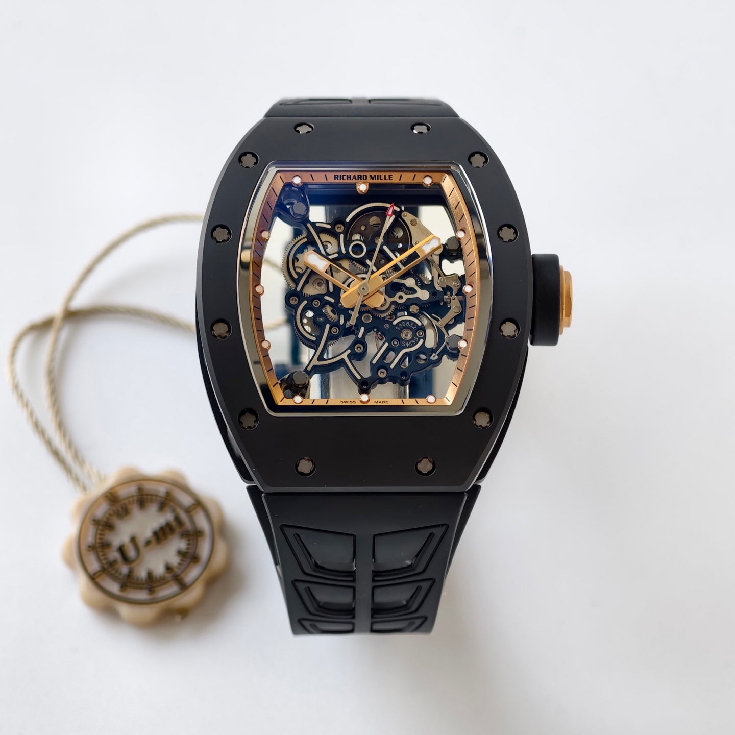 RM055 Black Case Gold Inner Bezel Umi Office 1:1 Best Edition Skeleton Dial Black Rubber Strap RMUL2 Super Clone (Free Sprung)