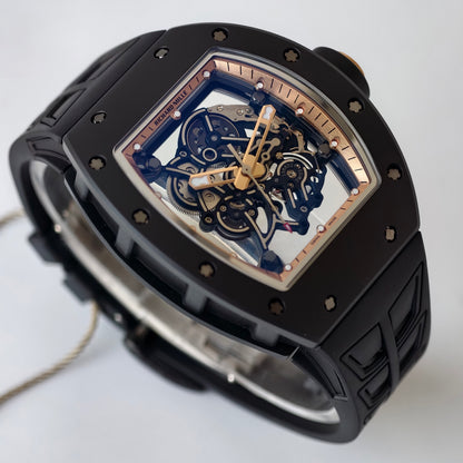 RM055 Black Case Gold Inner Bezel Umi Office 1:1 Best Edition Skeleton Dial Black Rubber Strap RMUL2 Super Clone (Free Sprung)