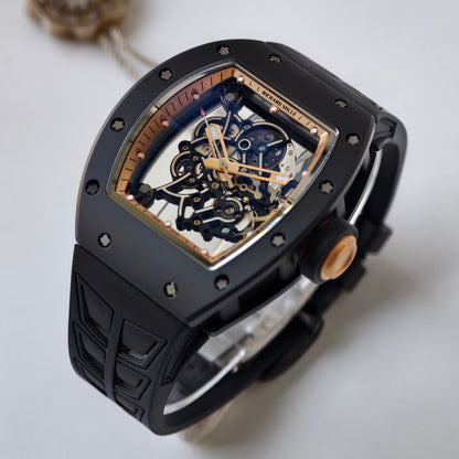 RM055 Black Case Gold Inner Bezel Umi Office 1:1 Best Edition Skeleton Dial Black Rubber Strap RMUL2 Super Clone (Free Sprung)