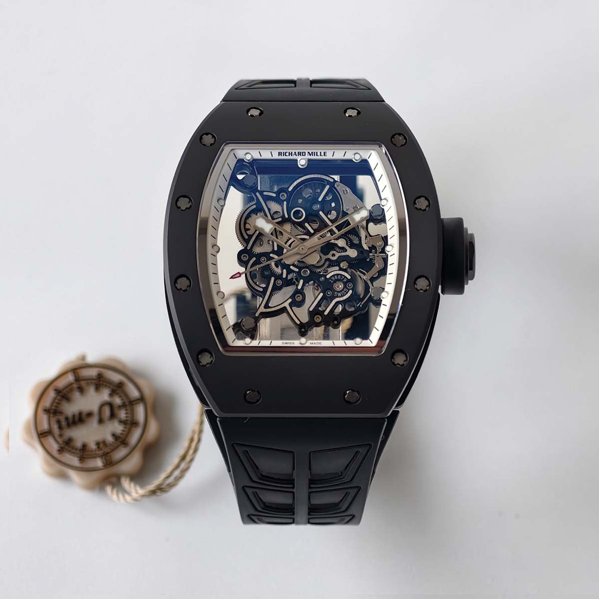 RM055 Black Case White Inner Bezel Umi Office 1:1 Best Edition Skeleton Dial Black Rubber Strap RMUL2 Super Clone (Free Sprung)