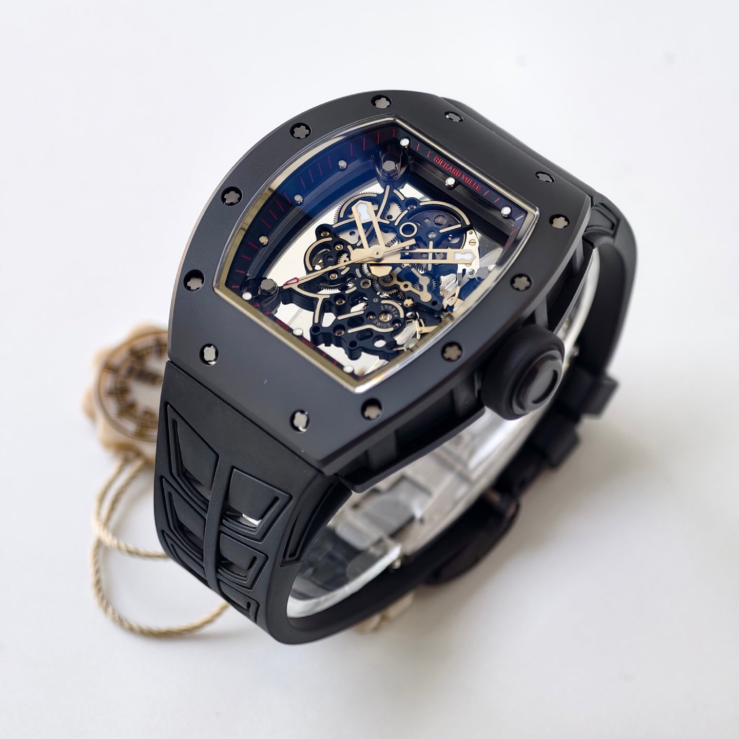 RM055 Black Case Black Inner Bezel(Red Word) Umi Office 1:1 Best Edition Skeleton Dial Black Strap RMUL2 SuperClone (Free Sprung)