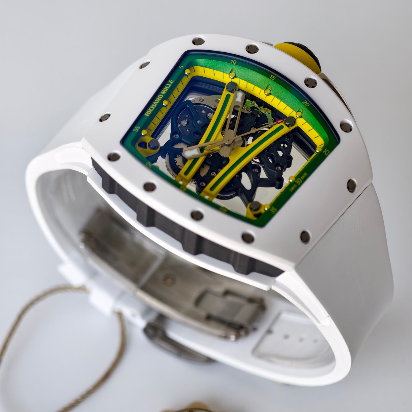 RM061 White Ceramic Umi Office 1:1 Best Edition Green skeleton White Rubber Strap RMUL2 Super Clone (Free Sprung)