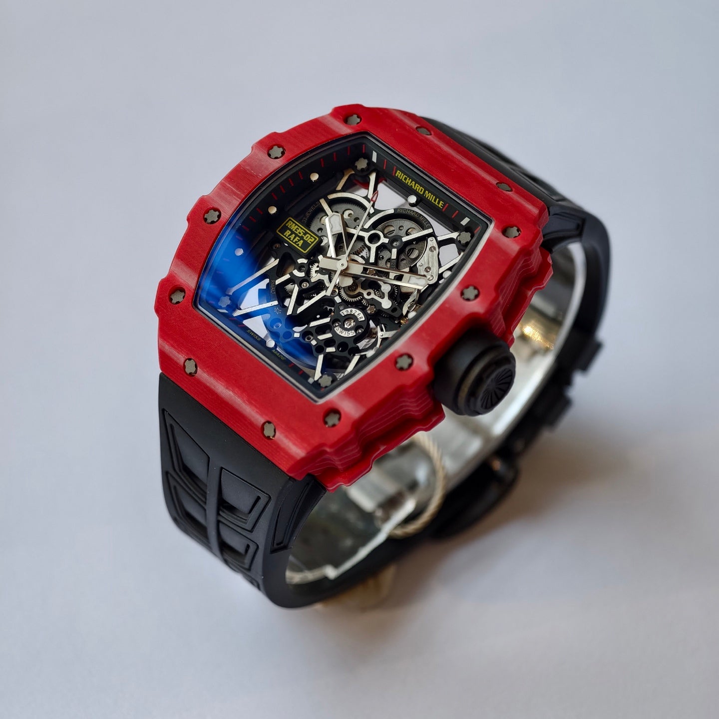 RM035-02 Red NTPT Umi Office 1:1 Best Edition Skeleton Dial On Black Rubber Strap RMAL1 Super Clone V2 (Free Sprung)