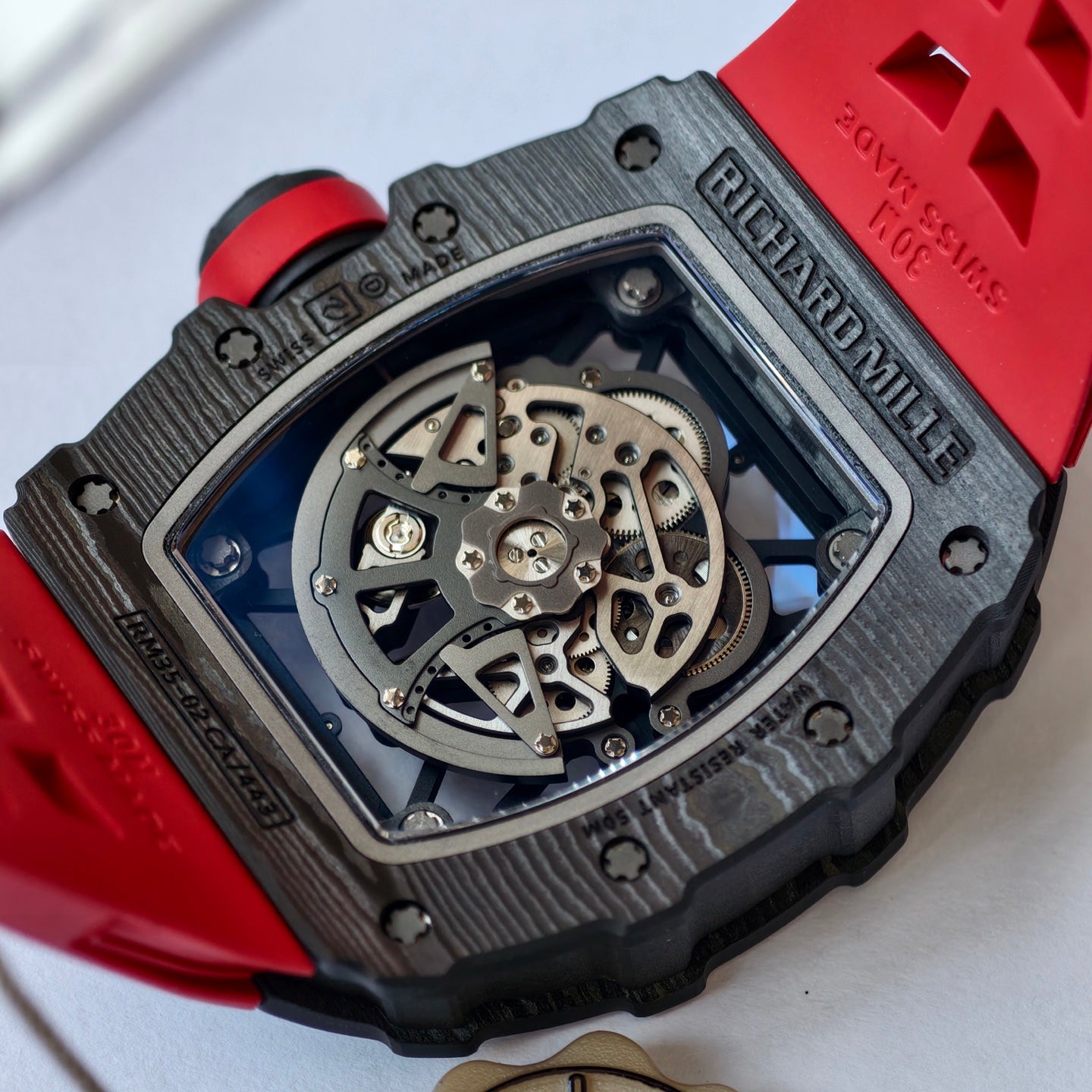 RM035-02 Black NTPT Umi Office 1:1 Best Edition Skeleton Dial On Red Rubber Strap RMAL1 Super Clone V2 (Free Sprung)