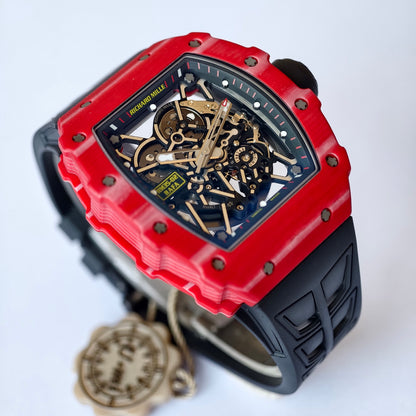 RM035-02 Red NTPT Umi Office 1:1 Best Edition Skeleton Dial On Black Rubber Strap RMAL1 Super Clone V2 (Free Sprung)
