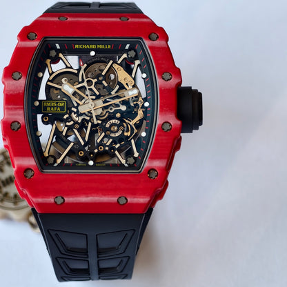 RM035-02 Red NTPT Umi Office 1:1 Best Edition Skeleton Dial On Black Rubber Strap RMAL1 Super Clone V2 (Free Sprung)